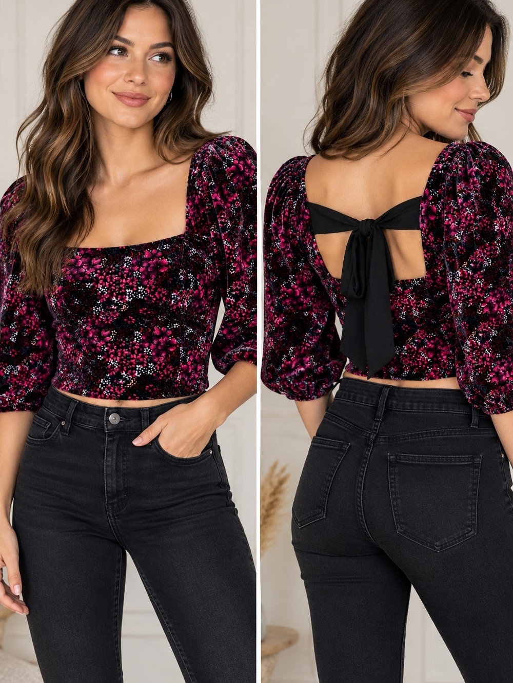 So Velvet Black Pink Floral Crop Top Puff Sleeve Whimsigoth Ren Faire Small